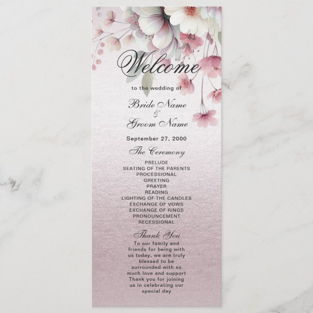 Modern Pink White Floral Wedding Program (Front)