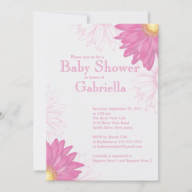Modern Pink & White Gerbera Daisy Baby Shower Invitation (Front)