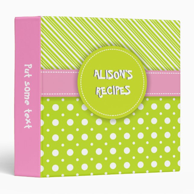 Modern pink, white, green polka dot & stripes binder (Front/Spine)
