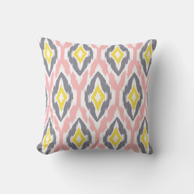Modern pink white grey Ikat Tribal Pattern 1a Throw Pillow (Front)