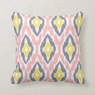 Modern pink white grey Ikat Tribal Pattern 1a Throw Pillow