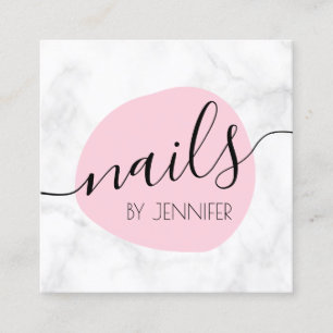Modern pink & white marble nails square business card