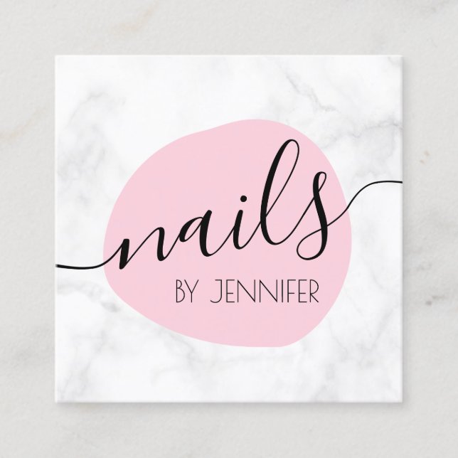 Modern pink & white marble nails square business card (Front)