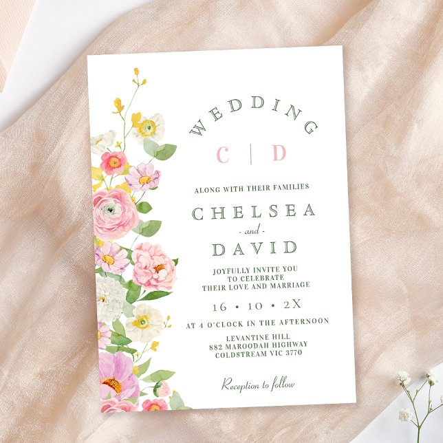 Modern Pink White Monogram Floral Wedding Invitation (Pastel Floral Wedding Invitation Template, Pink Floral Wedding Invitation, Spring Floral Wedding )