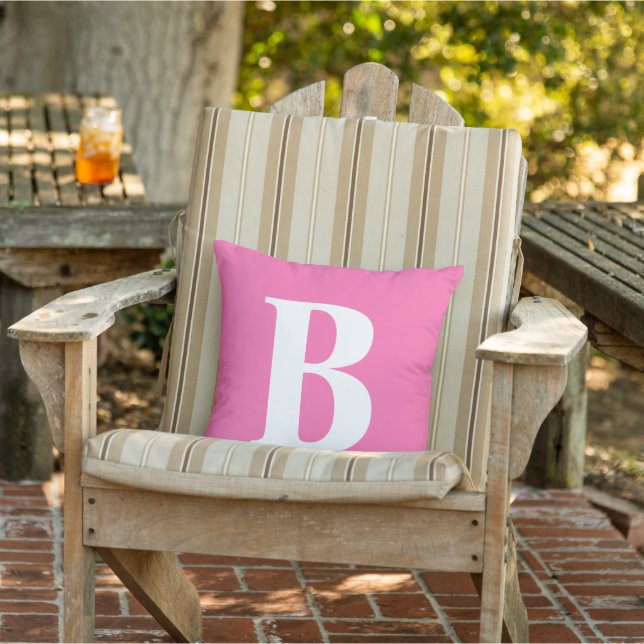 Modern Pink White Monogram Initial Patio Outdoor Pillow (Chair)
