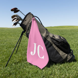 Modern Pink White Monogram Initials Golf Towel