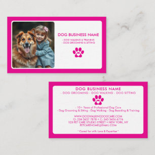 Modern Pink White Pet Sitting Photo Paw Print Business Card