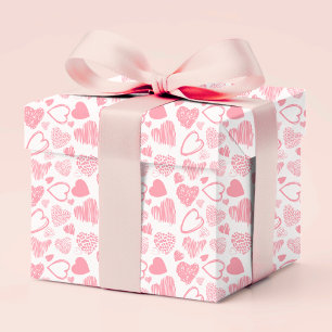 Modern Pink White Romantic Love Heart Doodle Wrapping Paper