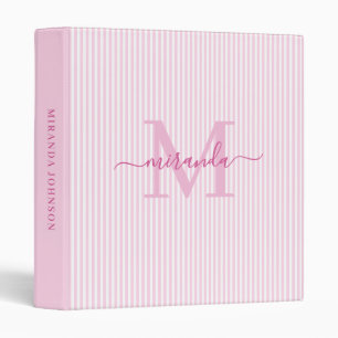 Modern Pink & White Stripes Monogram Name Binder