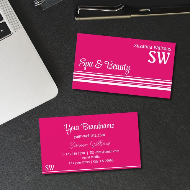 Modern Pink White Stripes with Monogram Stylish Business Card (Creator Uploaded)