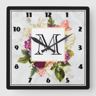 Modern Pink & White Watercolor Floral Bouquet Square Wall Clock