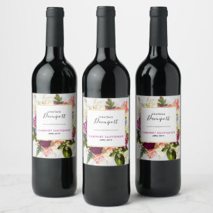 Modern Pink & White Watercolor Floral Bouquet Wine Label
