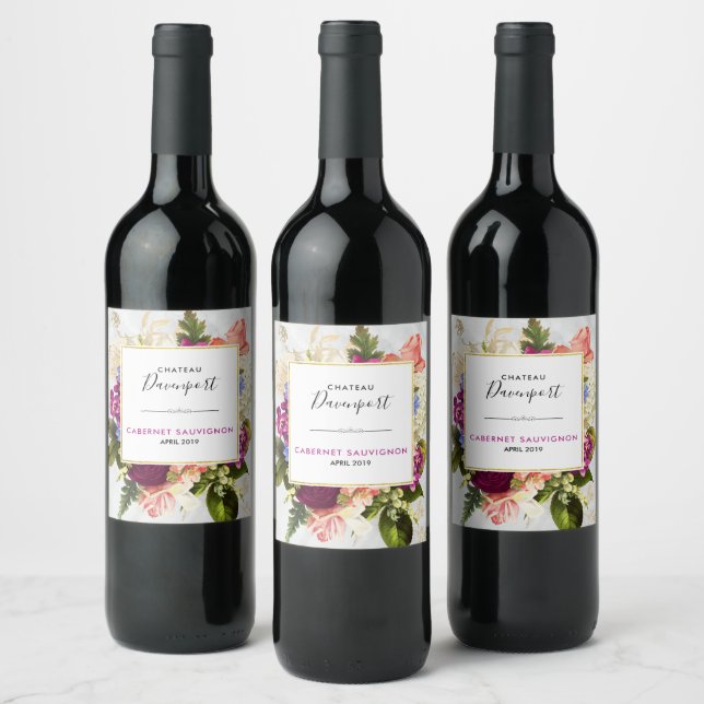 Modern Pink & White Watercolor Floral Bouquet Wine Label (Bottles)