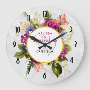 Modern Pink & White Watercolor Floral Wedding Large Clock