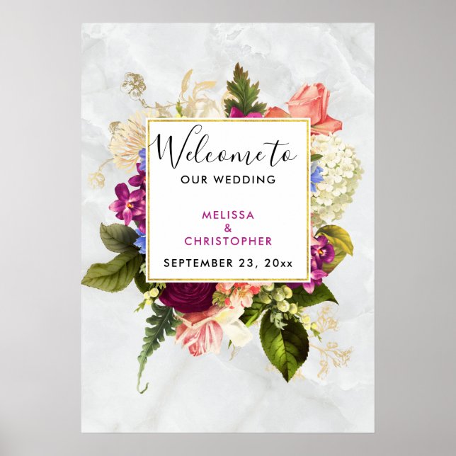 Modern Pink & White Watercolor Floral Wedding Poster (Front)