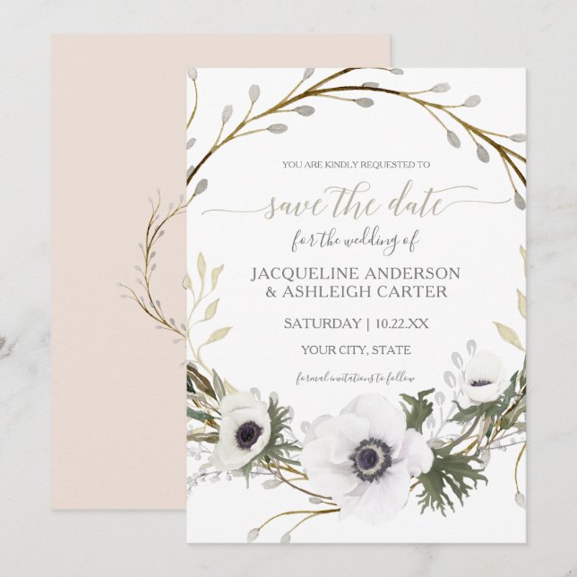 Modern Pink White Willow Eucalyptus Save the Date Invitation (Front/Back)