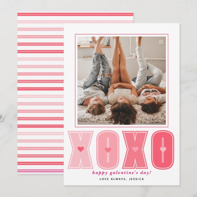 Modern pink XOXO hearts Galentines Day photo Holiday Card (Front/Back)