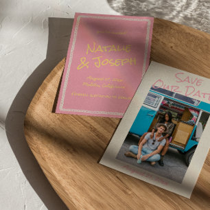 Modern Pink Yellow Colorful Pastel Photo Wedding Save The Date