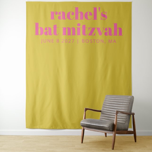 Modern Pink Yellow Cute Bat Mitzvah Photo Backdrop Tapestry (In Situ)