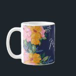 Modern Pink & Yellow Floral Arrangement Monogram Coffee Mug<br><div class="desc">Pretty monogrammed coffee mug printed with your name and monogram. It'll be a delight to drink coffee or tea from this personalized mug, the flowers yellow and pink and framing your name in a thin script and your initial beneath against a dark blue background. This coffee mug is perfect as...</div>