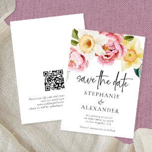 Modern Pink Yellow Florals Script QR Code Wedding Save The Date