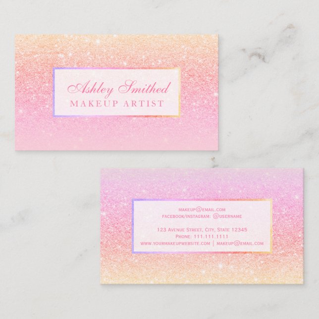 Modern pink yellow glitter sunset ombre makeup business card (Front/Back)