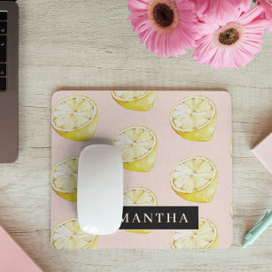 Modern Pink &  Yellow Lemons Pattern With Name Mouse Pad