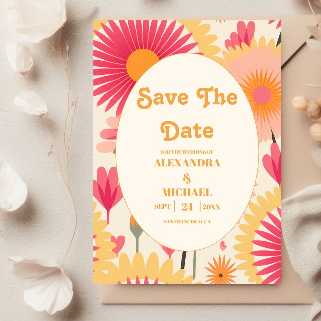 Modern Pink & Yellow Retro Floral Wedding Save The Date (Creator Uploaded)