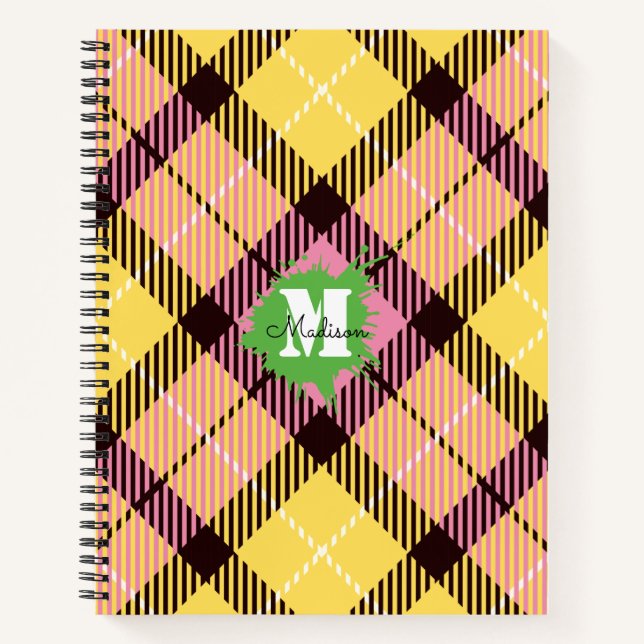 Modern Pink Yellow Tartan Custom Monogram Script Notebook (Front)