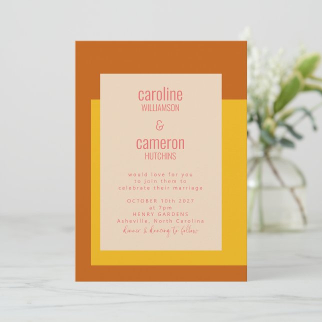 Modern Pink Yellow Terracotta Geometric Wedding Invitation (Standing Front)