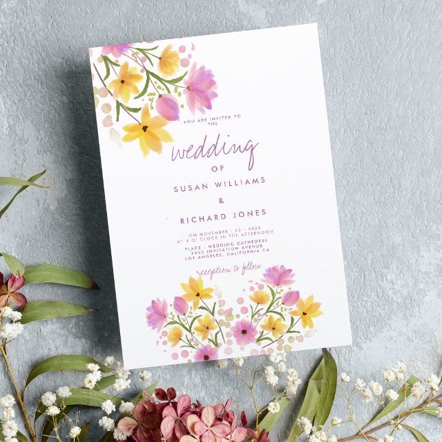 Modern pink yellow watercolor floral wedding invitation (Modern pink yellow watercolor floral wedding)