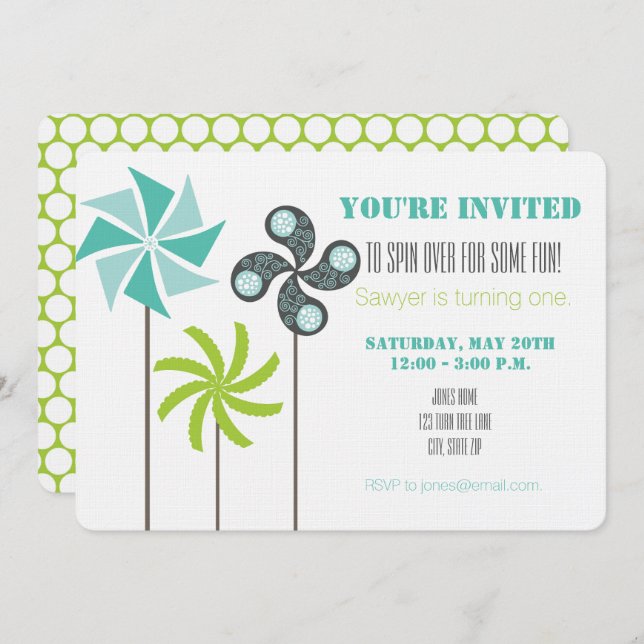 Modern Pinwheel Birthday Invite - Green Blue Grey  (Front/Back)