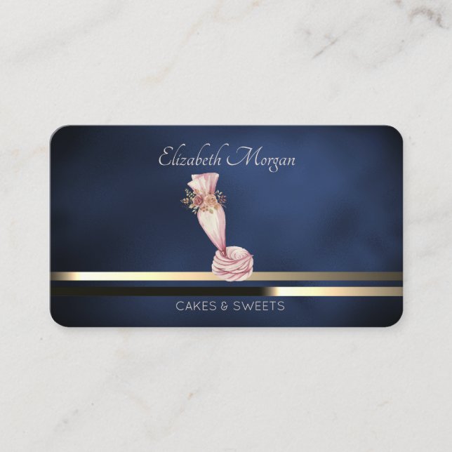 Modern Piping Bag Flowers Bakery Dark Blue Business Card (Front)