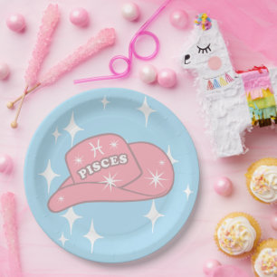 Modern Pisces Zodiac Cowgirl Hat Blue Party Paper Plate