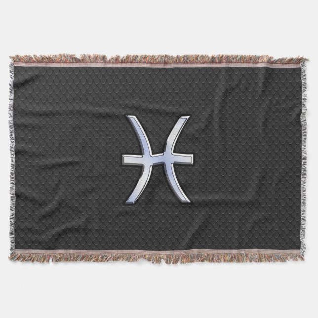 Modern Pisces Zodiac Sign Black Snake Skin style Throw Blanket (Front)