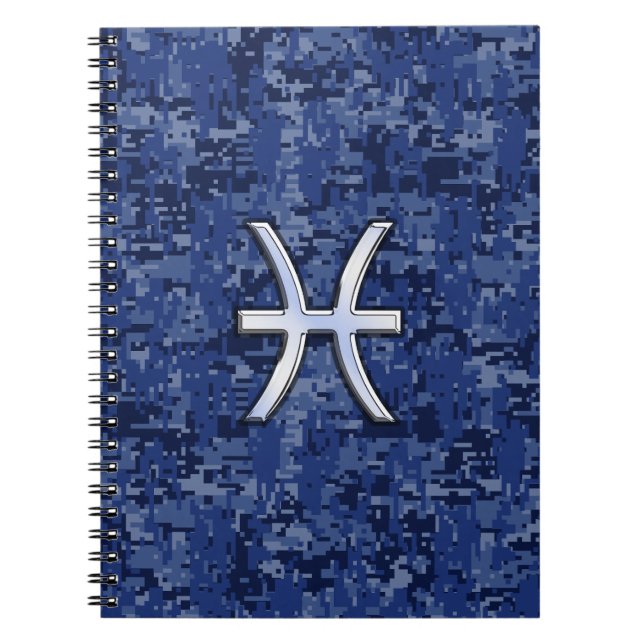 Modern Pisces Zodiac Sign Navy Blue Digital Camo Notebook (Front)