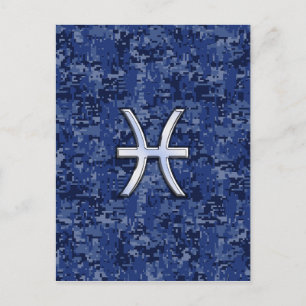 Modern Pisces Zodiac Sign Navy Blue Digital Camo Postcard