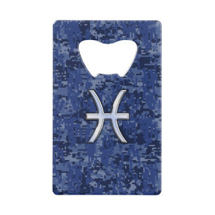 Modern Pisces Zodiac Sign Navy Blue Digital Camo Wallet Bottle Opener