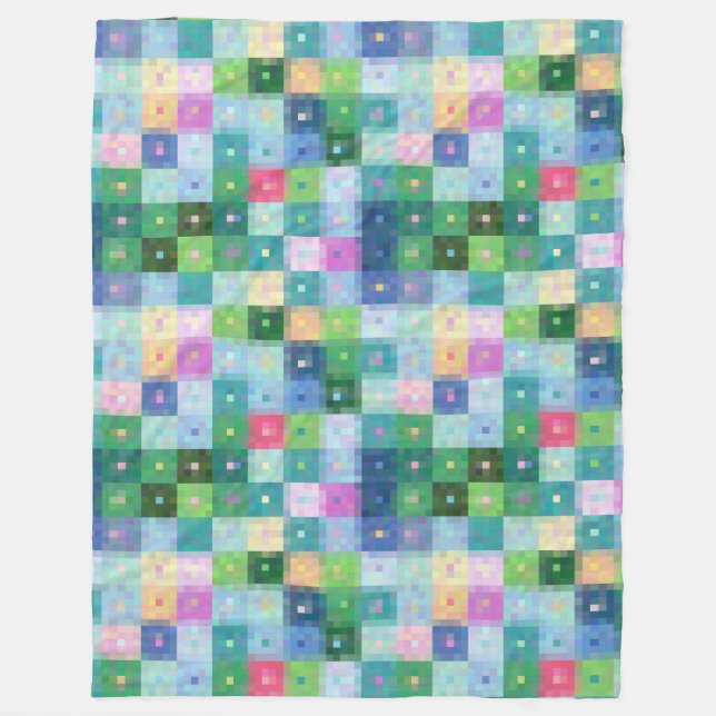 Modern pixel block colour quilt patchwork squares fleece blanket (Front)