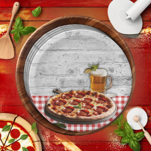 Modern Pizza +Beer Bricks Baby Shower Paper Plate