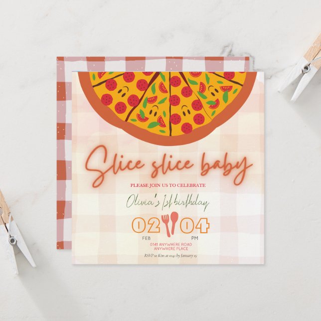 Modern pizza theme photo first birthday invitation (Front/Back In Situ)