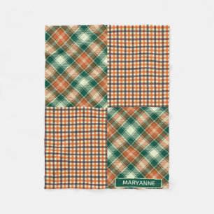 Modern Plaid and Checked Pattern Green Orange Fleece Blanket