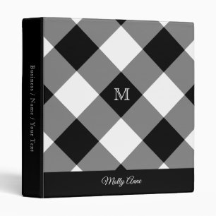 Modern Plaid Black White Monogram Office School Binder