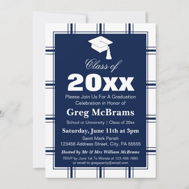 Modern Plaid Blue Plaid Graduation Party Invitation (Front)