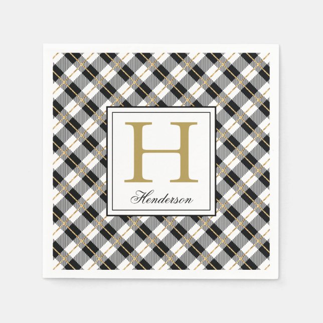 Modern Plaid Check with Gold Accents, Monogrammed Napkin (Front)