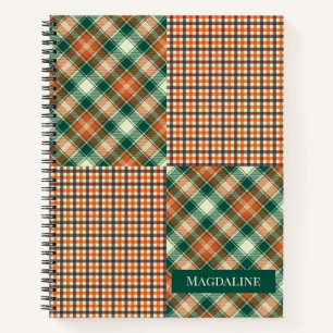 Modern Plaid Checked Personalized Green Orange Notebook