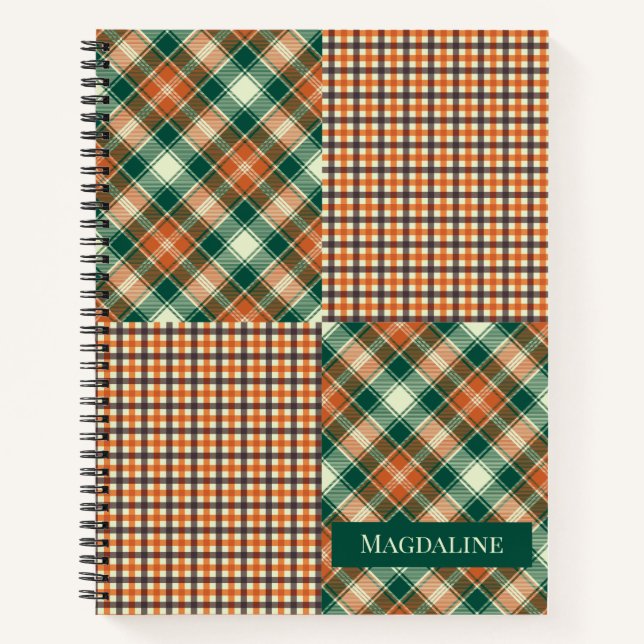 Modern Plaid Checked Personalized Green Orange Notebook (Front)