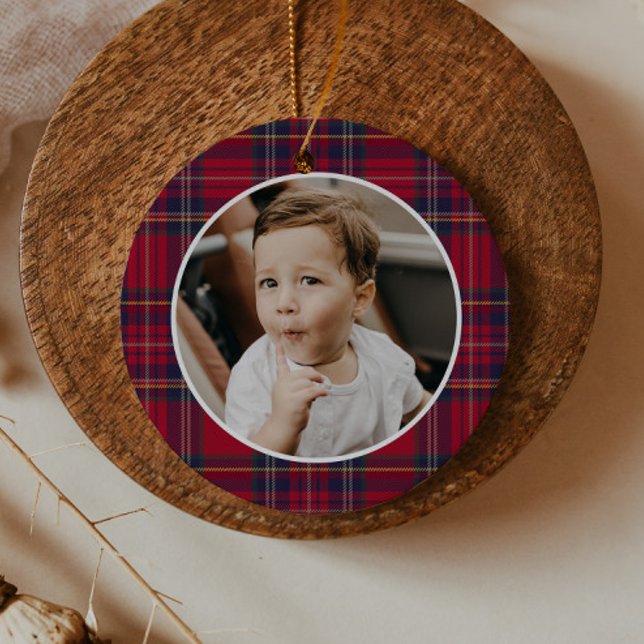 Modern Plaid Christmas Photo Ceramic Ornament (Red plaid photo Christmas tree ornaments.)