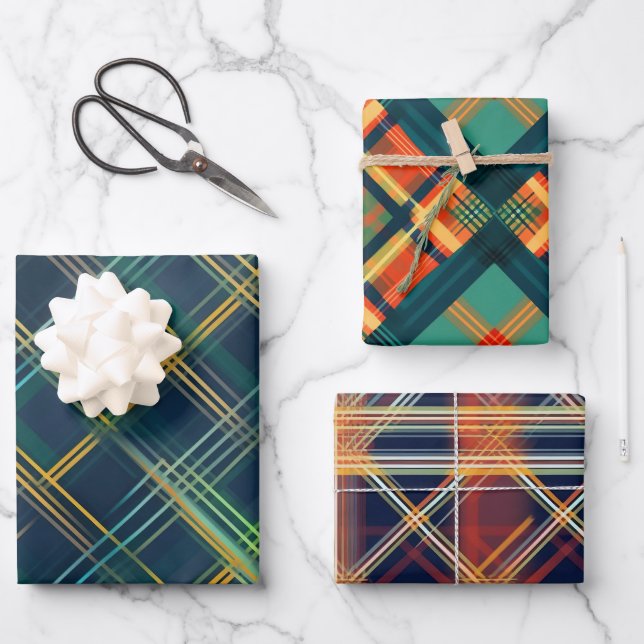 Modern Plaid Christmas Set of 3 Gift  Wrapping Paper Sheet (Front)