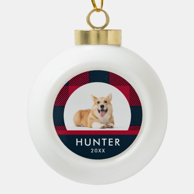 Modern Plaid Custom New Puppy Ceramic Ball Christmas Ornament (Front)